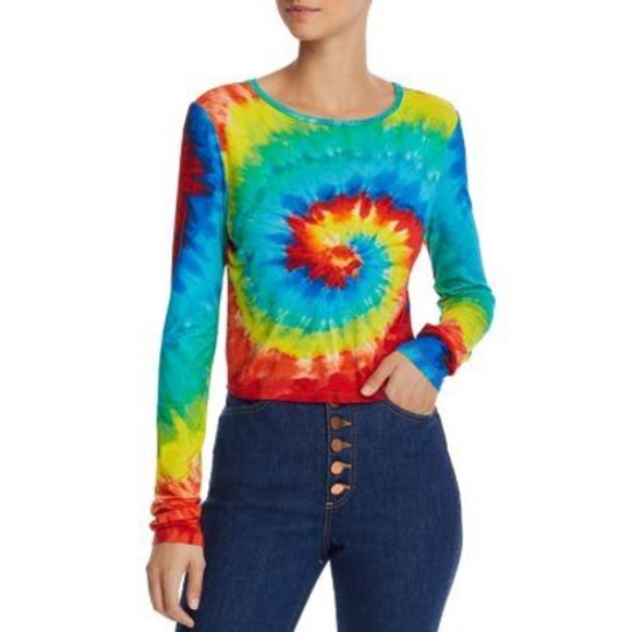 Alice + Olivia Delaina Cropped Top Rainbow Tie Dye Long Sleeve L Festival Rave - Picture 2 of 8